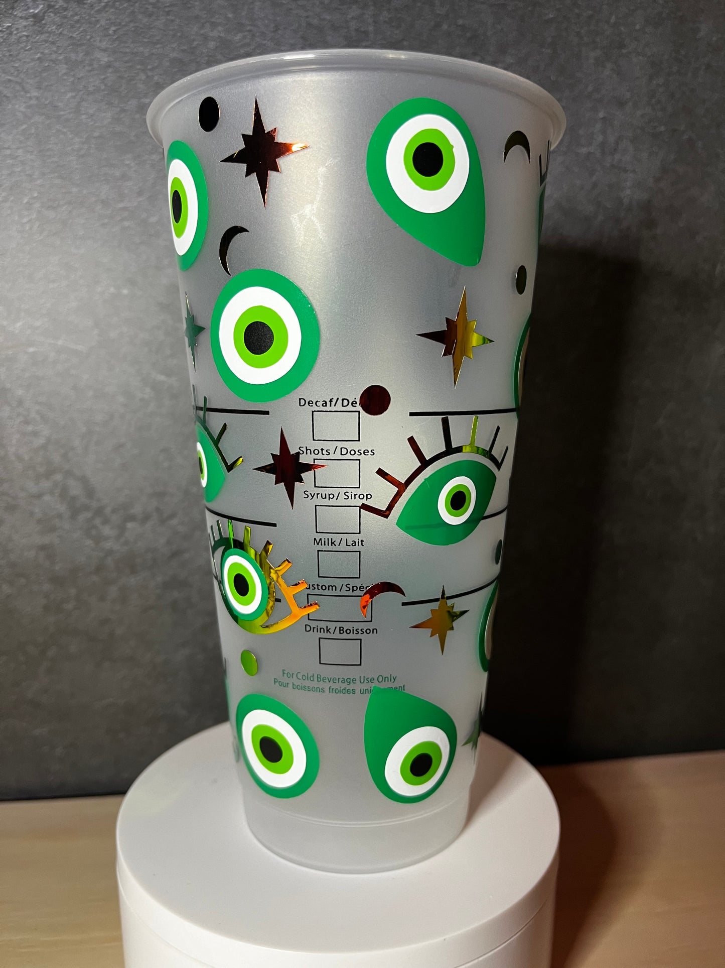 24oz Cold Cup GREEN EVIL EYE Design w/ Lid and Reusable Plastic Straw