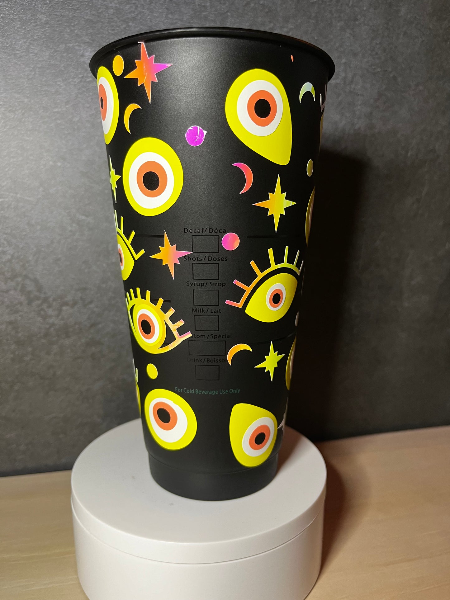 24oz Black Cold Cup YELLOW EVIL EYE Design w/ Lid and Reusable Plastic Straw