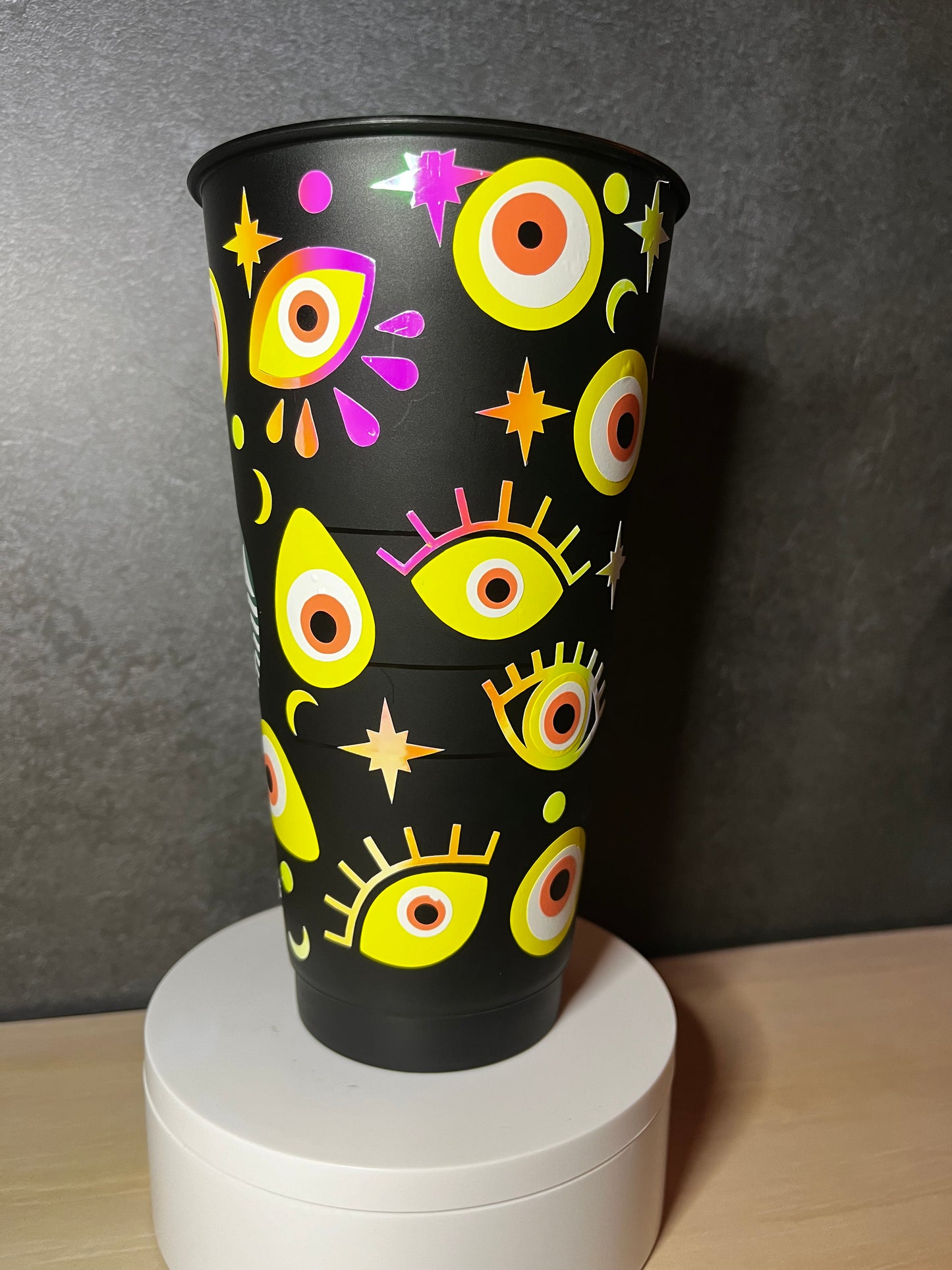 24oz Black Cold Cup YELLOW EVIL EYE Design w/ Lid and Reusable Plastic Straw