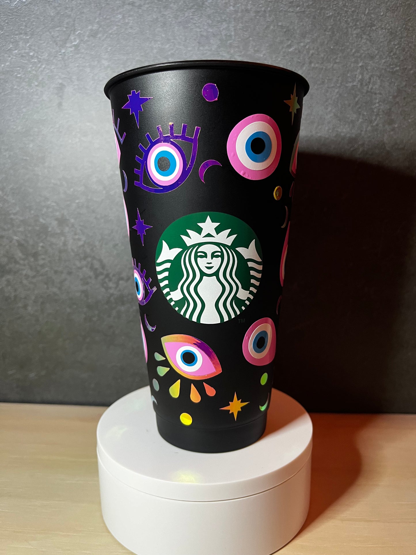 24oz Black Cold Cup EVIL EYE Design w/ Lid and Reusable Plastic Straw