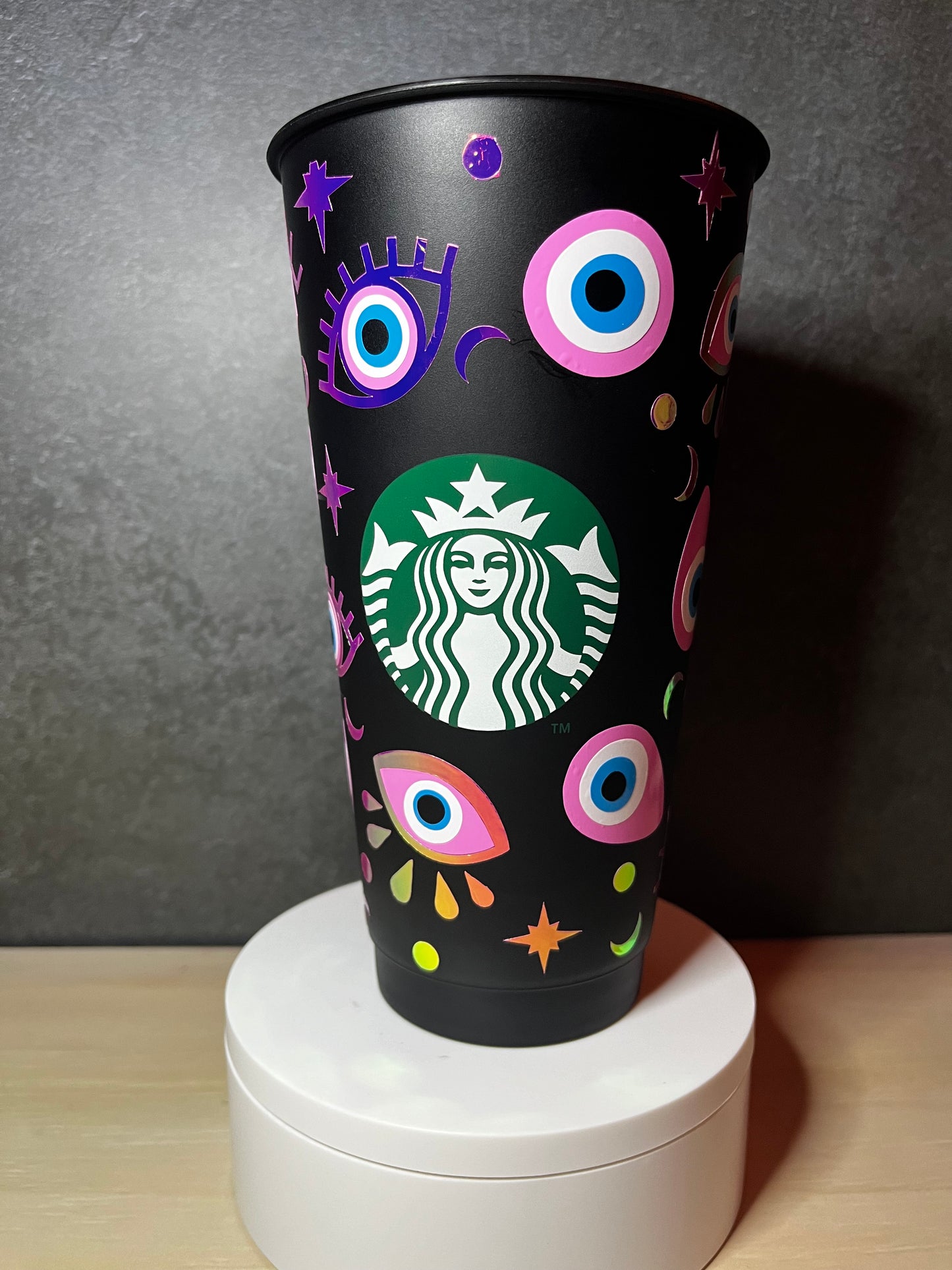 24oz Black Cold Cup EVIL EYE Design w/ Lid and Reusable Plastic Straw