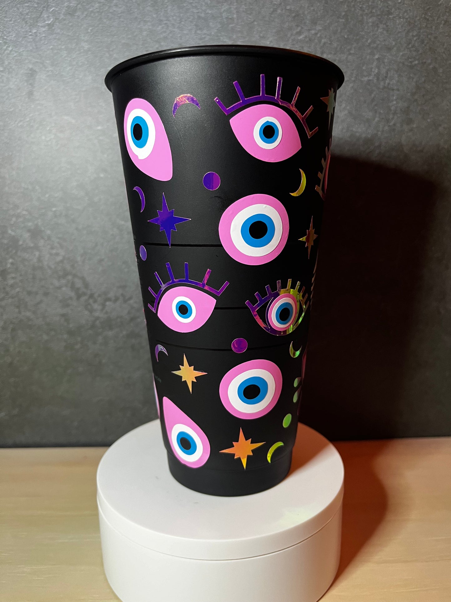 24oz Black Cold Cup EVIL EYE Design w/ Lid and Reusable Plastic Straw