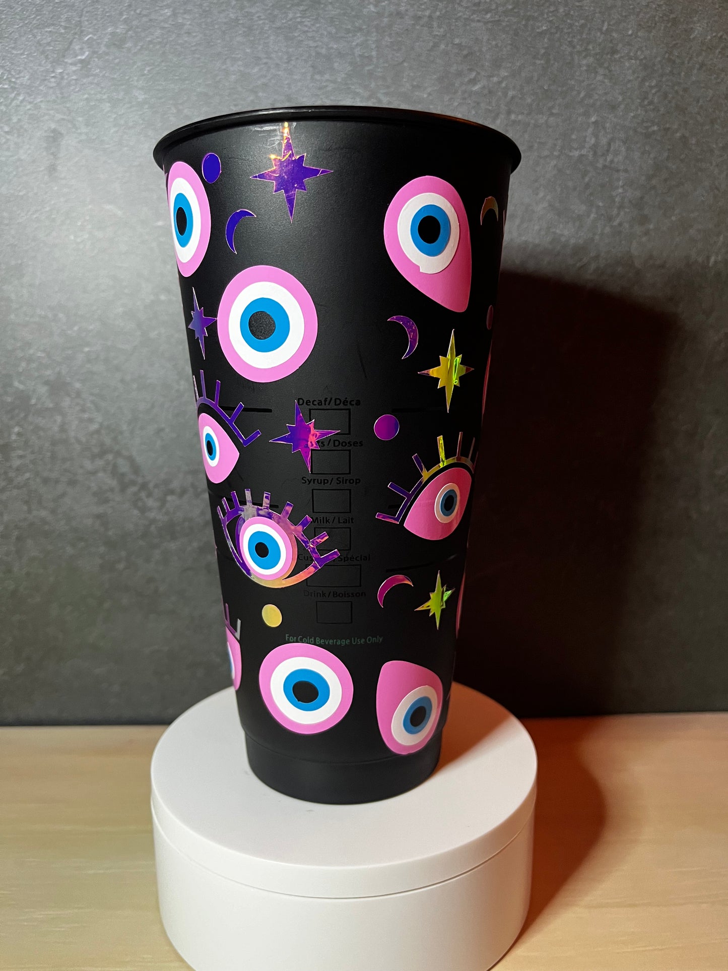 24oz Black Cold Cup EVIL EYE Design w/ Lid and Reusable Plastic Straw