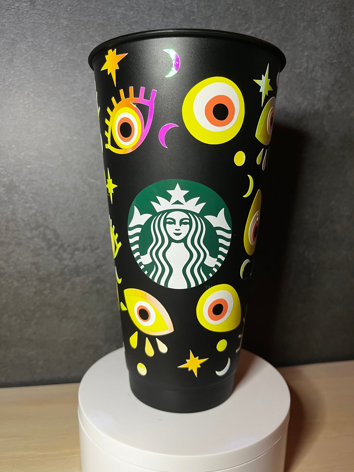 24oz Black Cold Cup YELLOW EVIL EYE Design w/ Lid and Reusable Plastic Straw