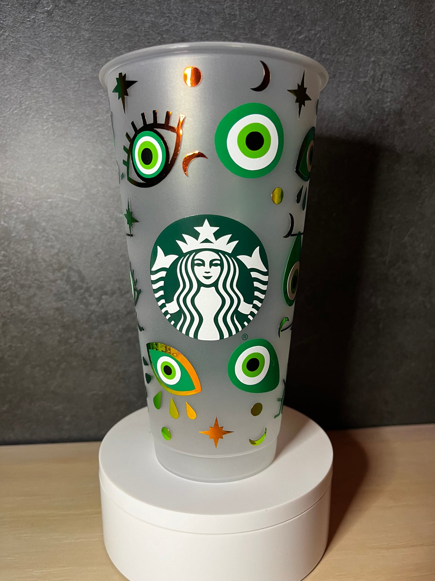 24oz Cold Cup GREEN EVIL EYE Design w/ Lid and Reusable Plastic Straw