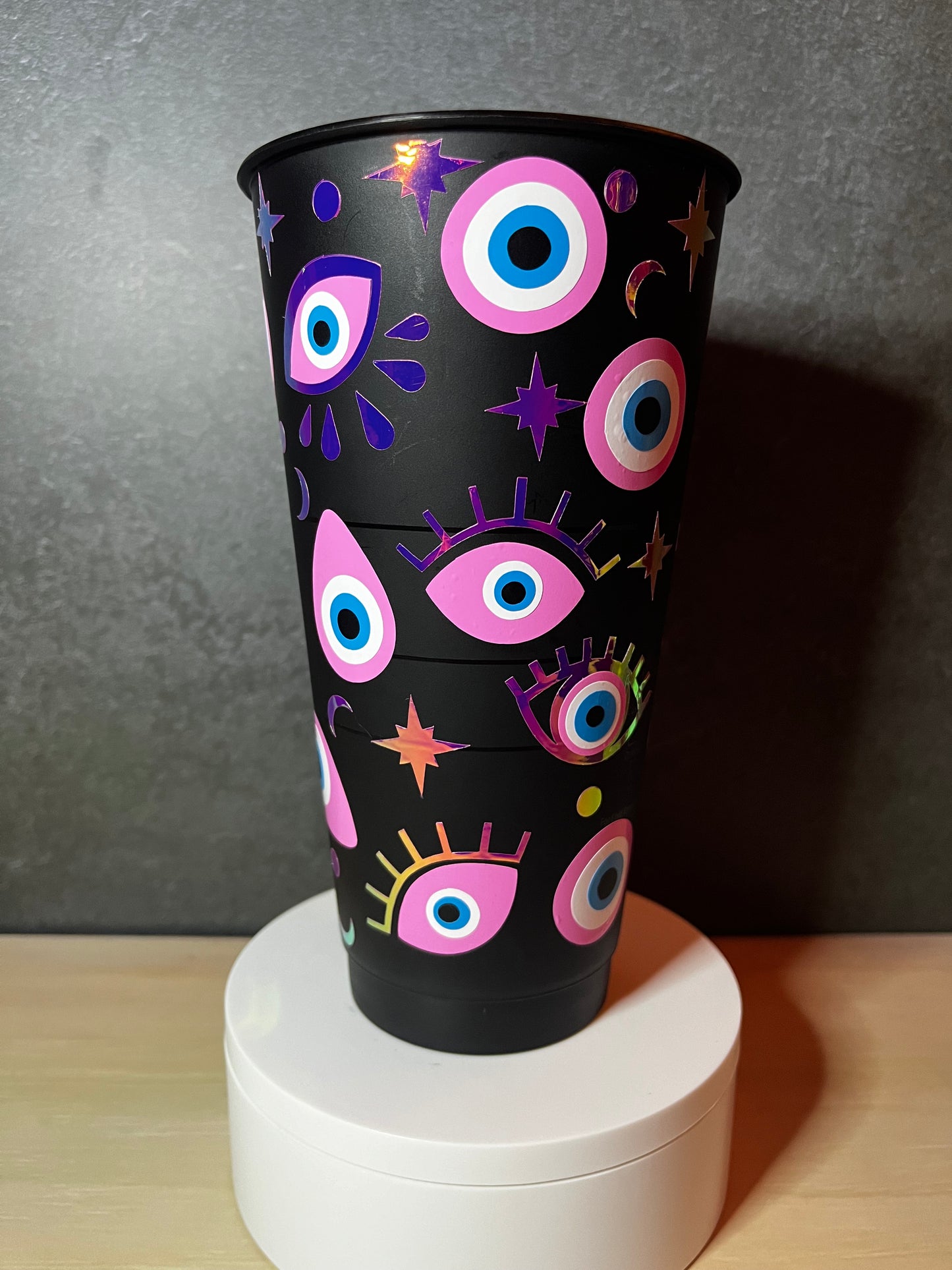 24oz Black Cold Cup EVIL EYE Design w/ Lid and Reusable Plastic Straw