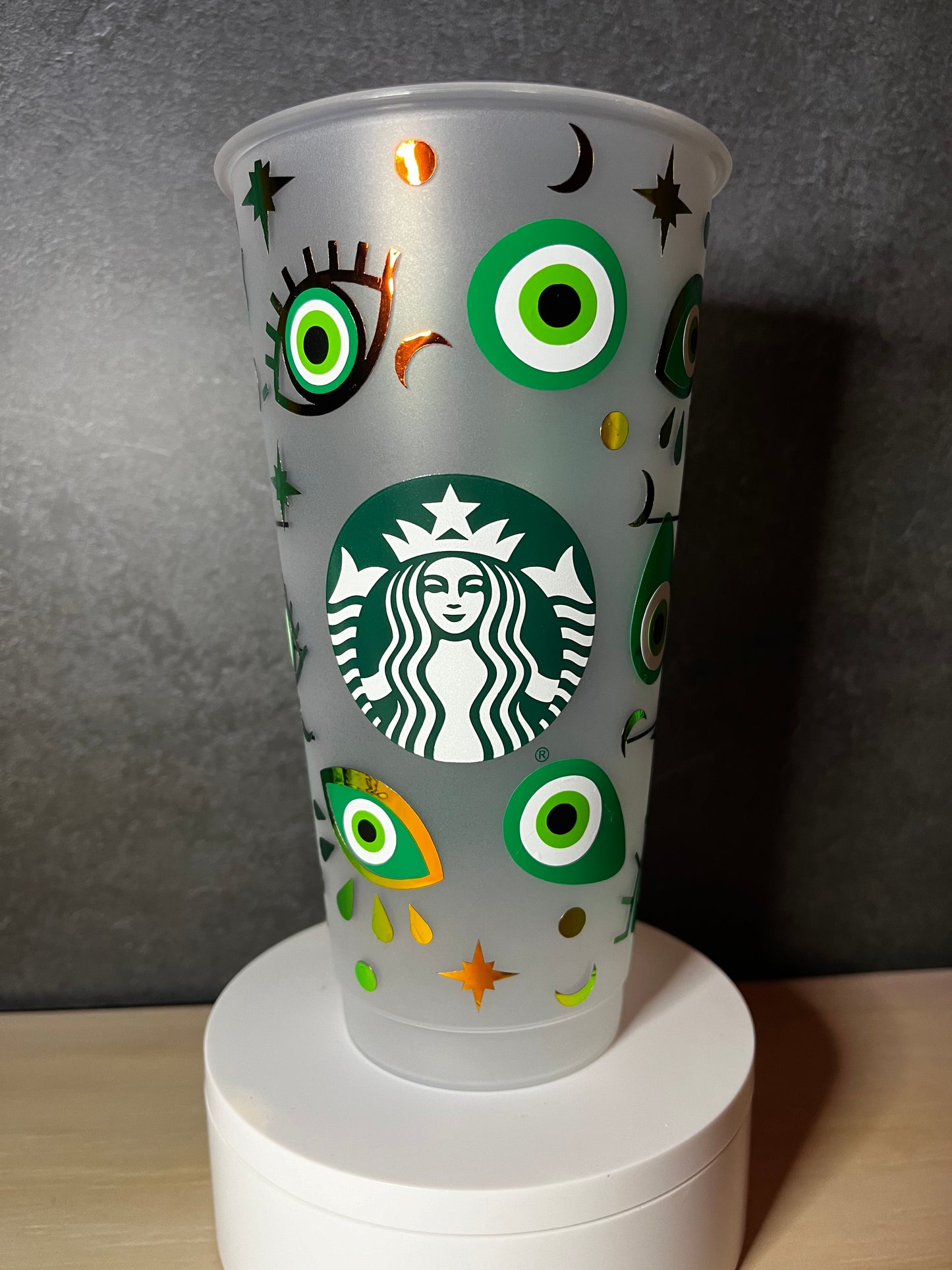 24oz Cold Cup GREEN EVIL EYE Design w/ Lid and Reusable Plastic Straw