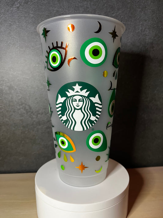 24oz Cold Cup GREEN EVIL EYE Design w/ Lid and Reusable Plastic Straw