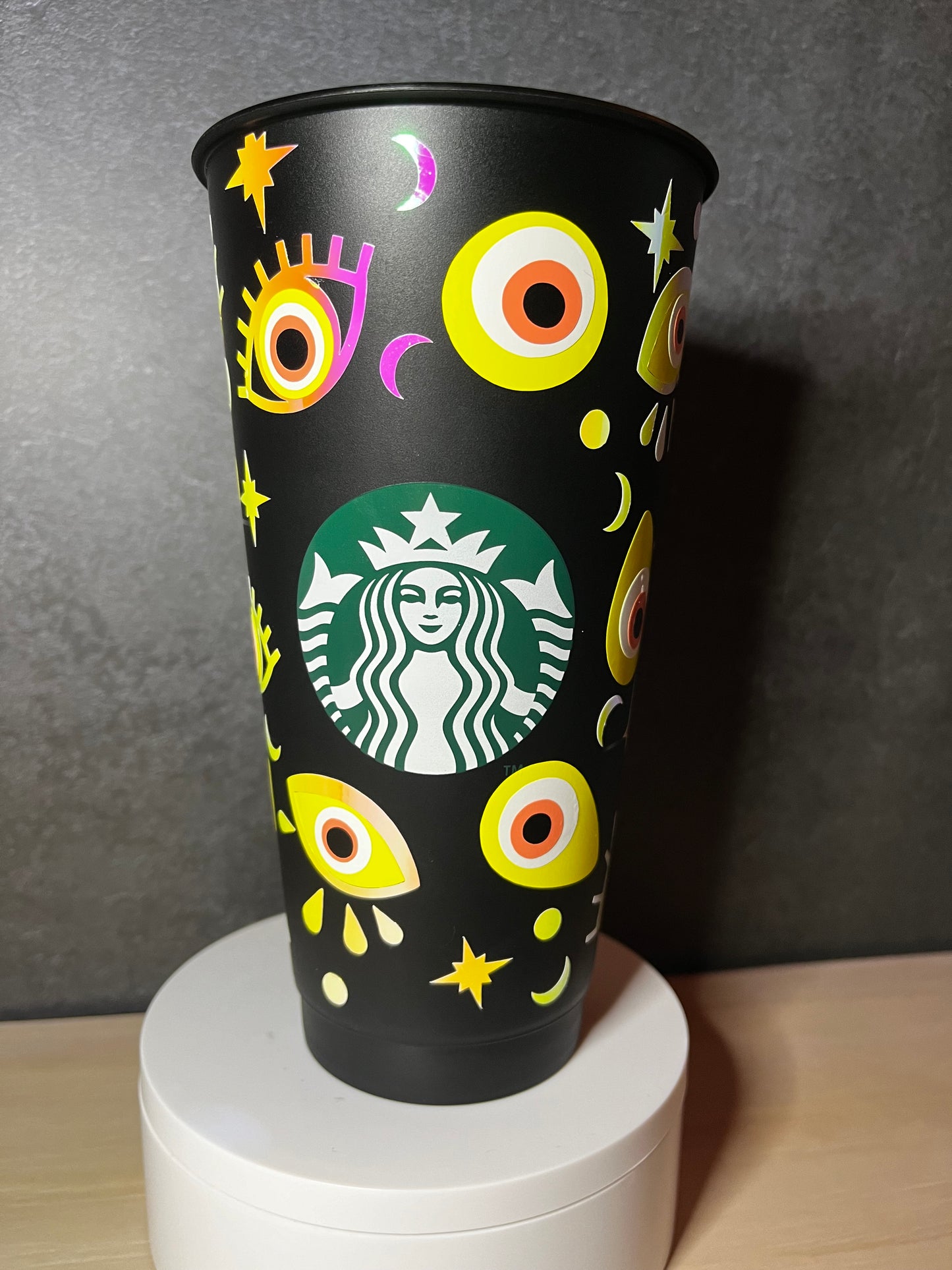 24oz Black Cold Cup YELLOW EVIL EYE Design w/ Lid and Reusable Plastic Straw