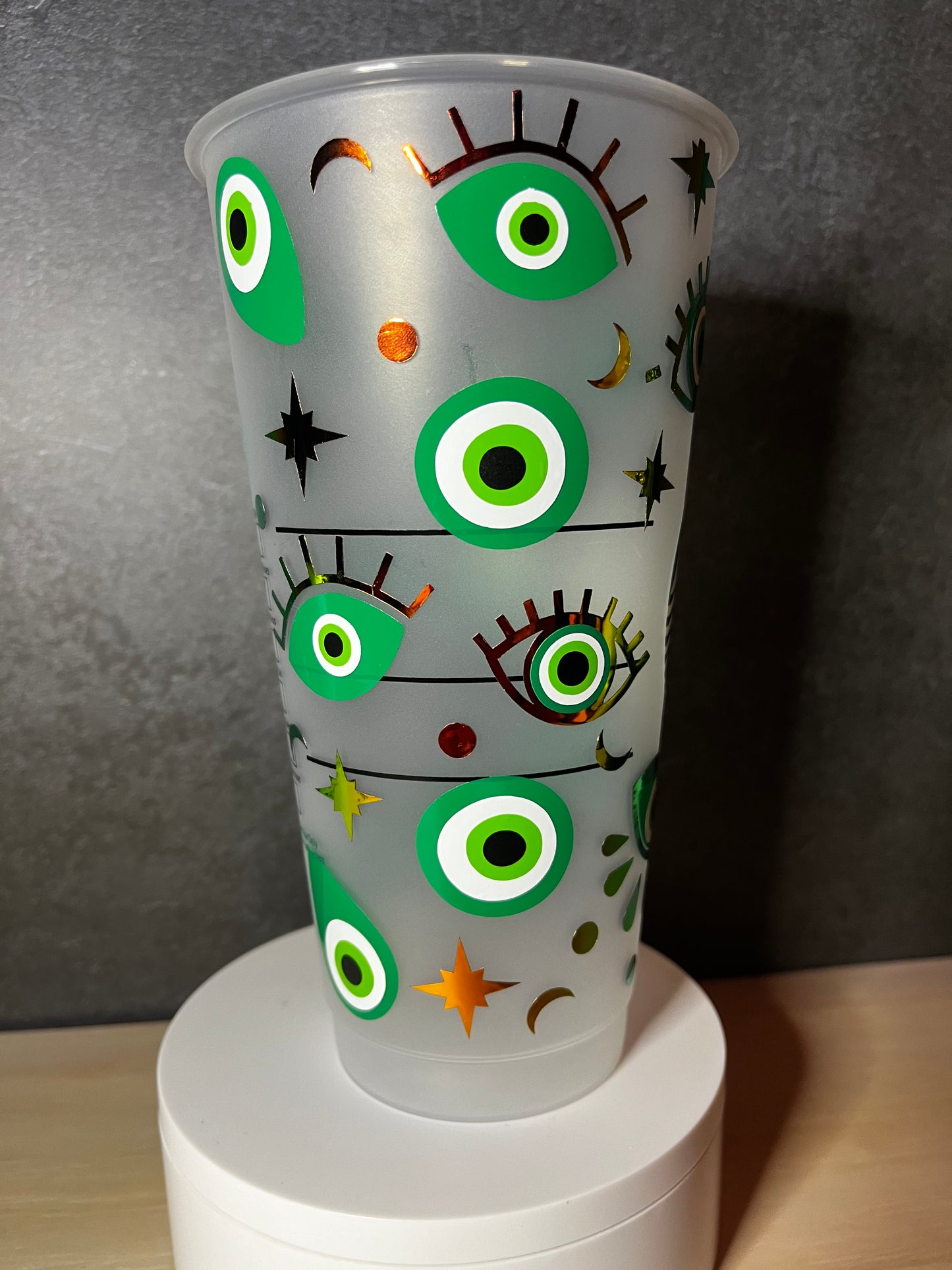 24oz Cold Cup GREEN EVIL EYE Design w/ Lid and Reusable Plastic Straw