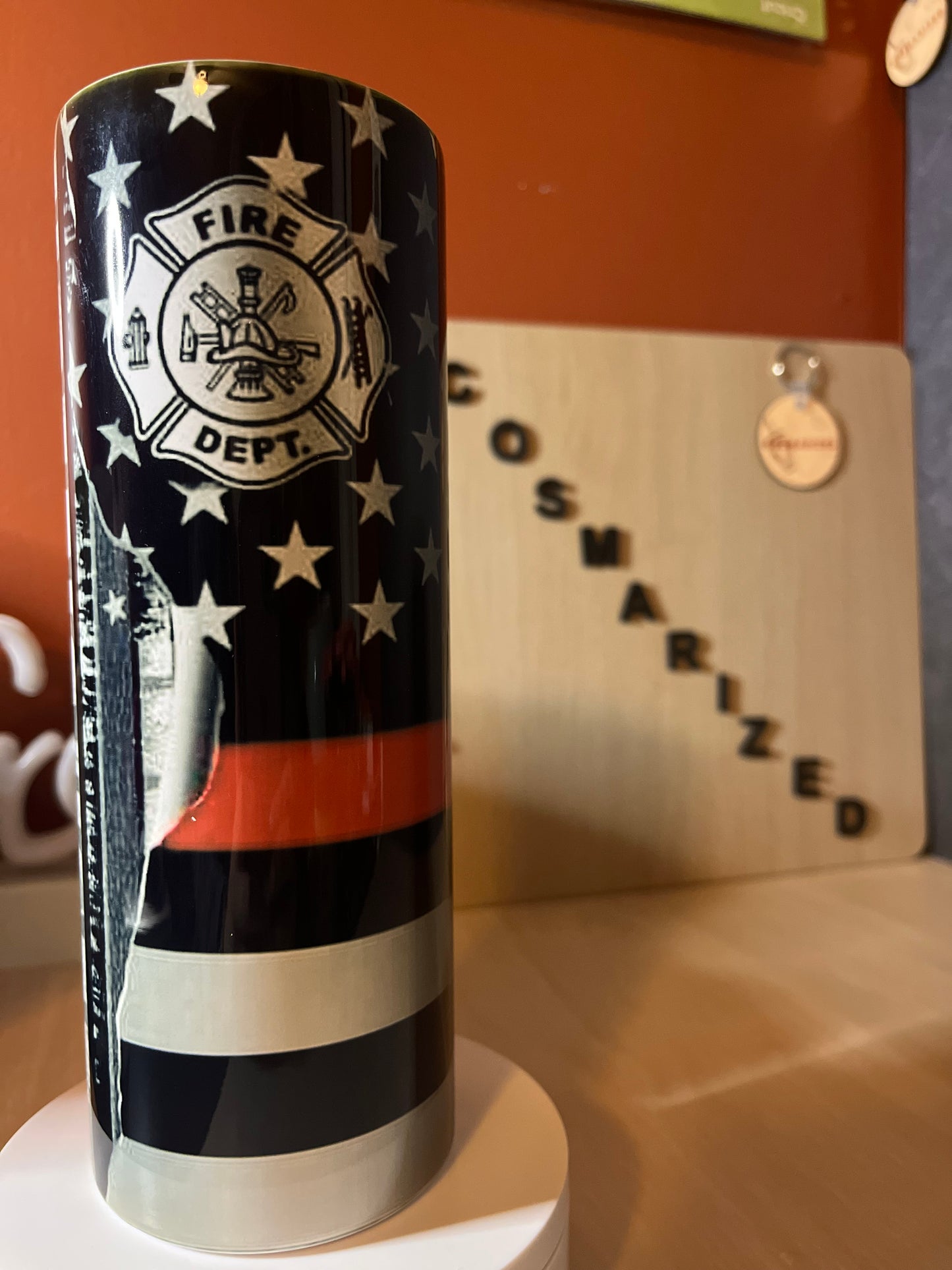 20oz Firefighter Flag Stainless Steel Tumbler w/ Lid & Metal Straw