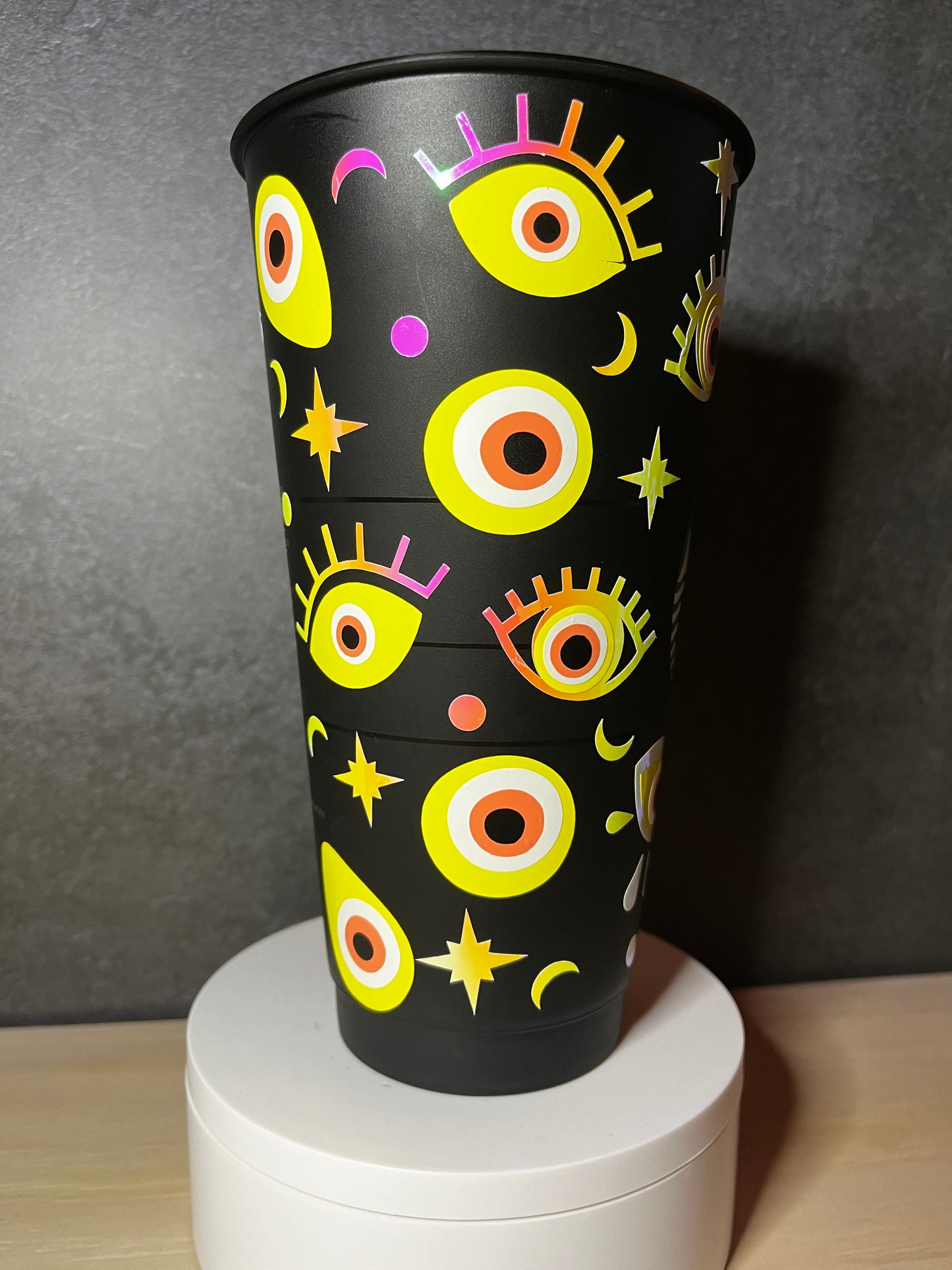 24oz Black Cold Cup YELLOW EVIL EYE Design w/ Lid and Reusable Plastic Straw