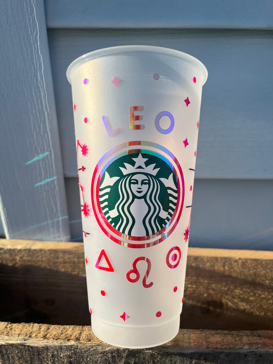 24oz Cold Cup LEO Zodiac Sign Design w/ Lid and Reusable Plastic Straw