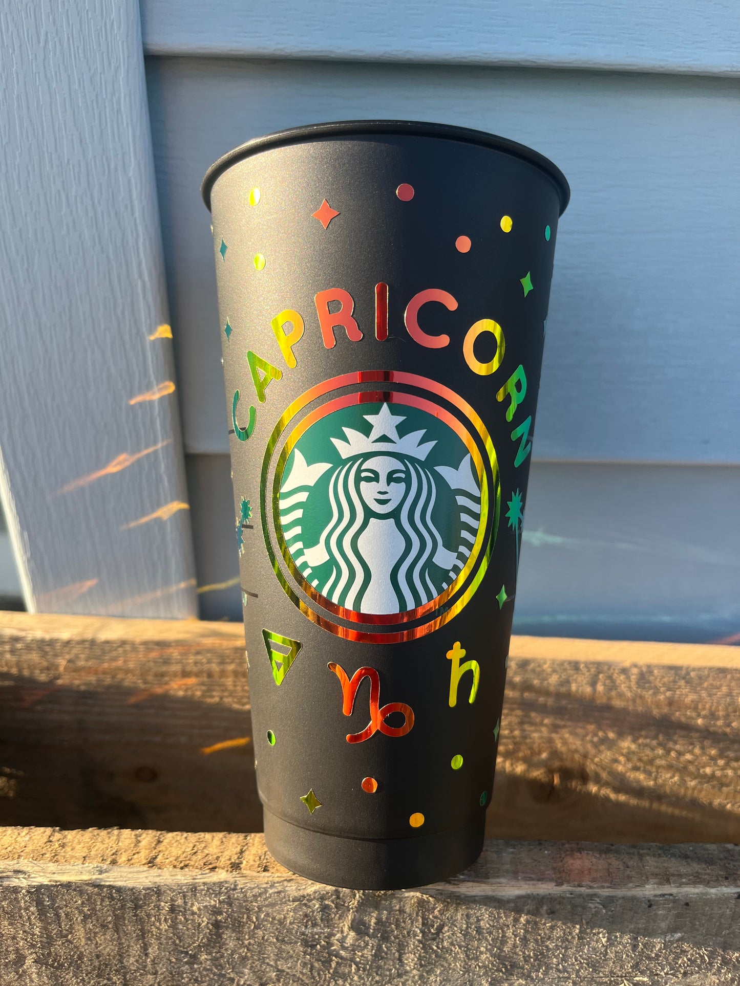 24oz Black Cold Cup CAPRICORN Zodiac Sign Design w/ Lid and Reusable Plastic Straw