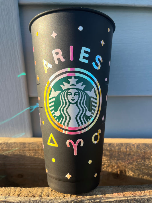 24oz Black Cold Cup ARIES Zodiac Sign Design w/ Lid and Reusable Plastic Straw