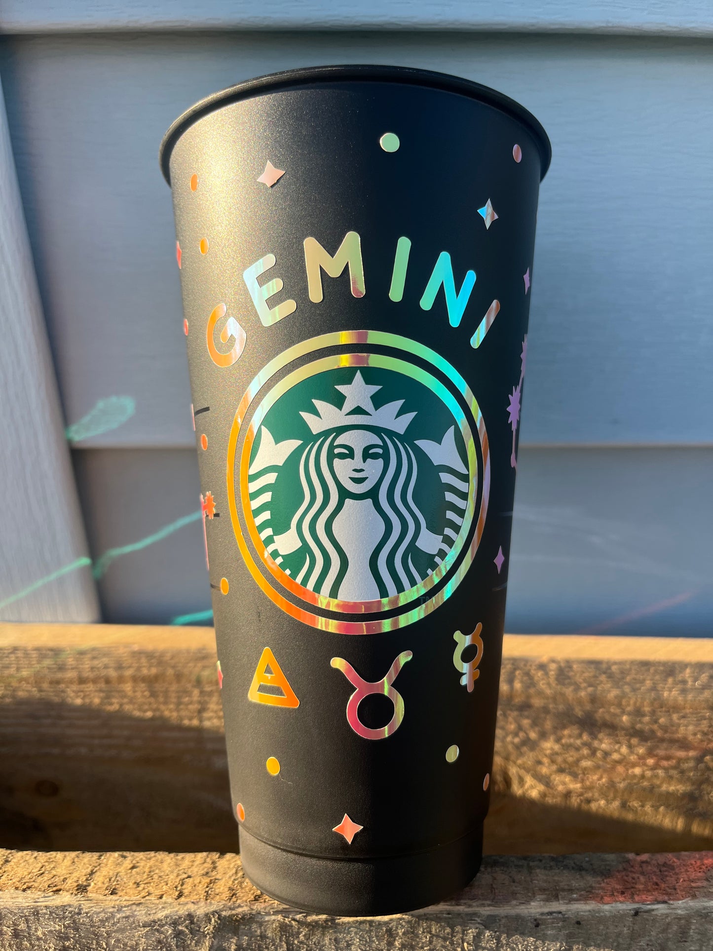 24oz Black Cold Cup GEMINI Zodiac Sign Design w/ Lid and Reusable Plastic Straw