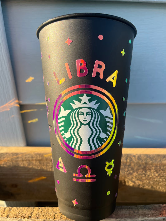 24oz Black Cold Cup LIBRA Zodiac Sign Design w/ Lid and Reusable Plastic Straw