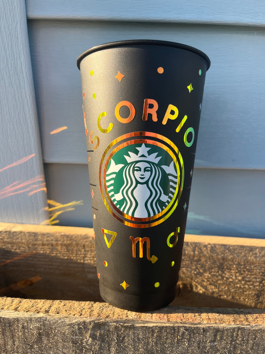 24oz Black Cold Cup SCORPIO Zodiac Sign Design w/ Lid and Reusable Plastic Straw